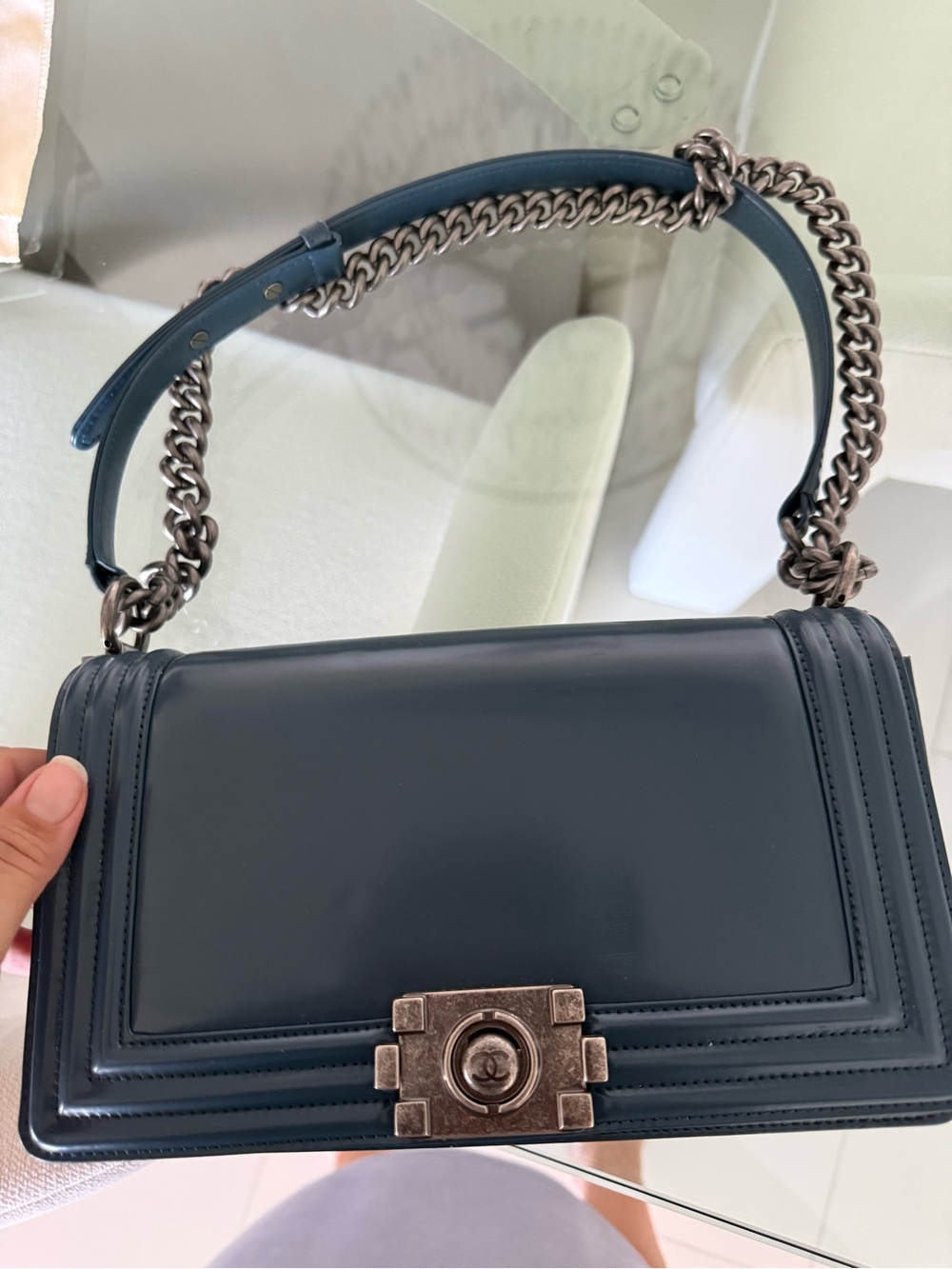 CHANEL Dark Teal Leather Shoulder Bag with Aged Silver Hardware